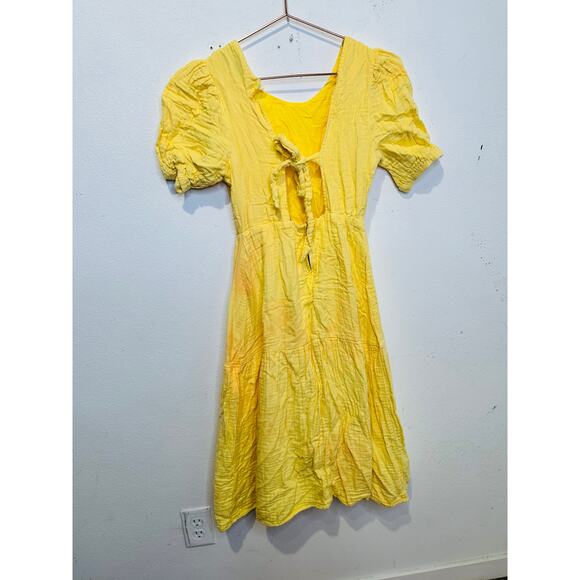 LOVE WHIT Yellow 100% Cotton Tie Back Crewneck Short Sleeve Flowy Midi Dress S - Picture 7 of 12